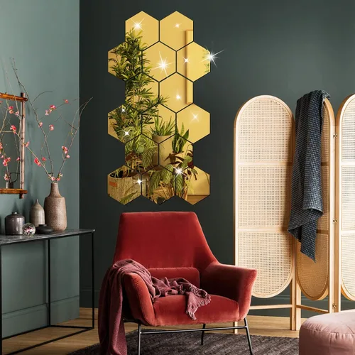 Vista 2 de Juego de calcomanías de pared para bricolaje, espejo hexagonal, decoración de sala de estar, dormitorio (dorado)