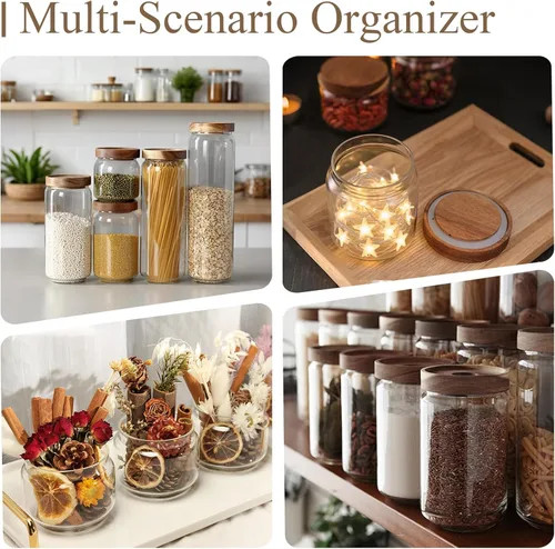 Vista 5 de Tarros de vidrio con tapas de madera herméticas – Mini recipientes de almacenamiento de despensa de cocina de 11 onzas, recipientes decorativos