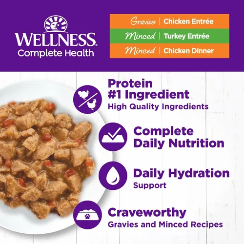 Vista 2 de Wellness Complete Health - Paquete variado de alimentos húmedos enlatados en salsa y picados para adultos, natural, rico en proteínas, sin granos