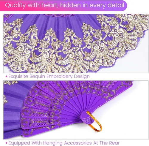 Vista 3 de INNOLIFE Abanico de mano plegable español con patrón retro para mujeres, abanico plegable chino de mano para fiestas, baile, bodas y decoración