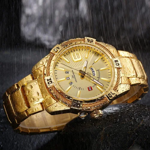 Vista 6 de FANMIS Reloj analógico de lujo para hombre, con fecha de cuarzo, impermeable, de acero inoxidable, Oro, Reloj de cuarzo