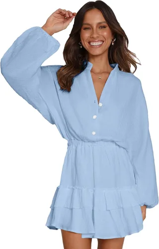 Vista 5 de OPOIPIN Minivestido de manga larga con cuello en V y volantes en capas para mujer