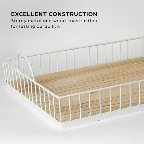 Vista 3 de Bandeja rectangular de madera para servir con asas de metal con marco de alambre, mesa de centro de mesa de centro de alimentos decorativa, centro