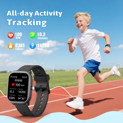 Vista 4 de Fikami - Reloj inteligente para niños y niñas sin necesidad de APP/teléfono, reloj deportivo para niños de 1.8" IP68 resistente al agua, podómetro
