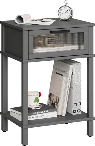 Vista 9 de Mesita de noche de madera con cajón, mesita de noche negra, estilo moderno, mesa auxiliar pequeña con estante de almacenamiento para dormitorio