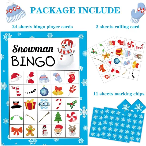 Vista 2 de Juego de bingo navideño de Happy Storm para niños y adultos, tarjetas de muñeco de nieve, 24 jugadores, juegos de invierno y actividades festivas