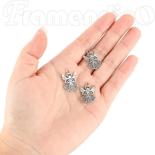 Vista 3 de Framendino, Paquete de 50 dijes de ángel, colgantes tibetanos de plata antigua a granel para hacer joyas, aretes, collares, pulseras, manualidades