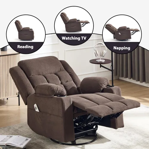Vista 5 de Silla reclinable giratoria con masaje y calefacción, portavasos, sillón reclinable deslizante para adultos, tela suave, sala de estar, silla