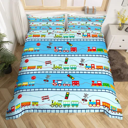 Vista 10 de Erosebridal Juego de funda de edredón de tren de dibujos animados para niños, color rojo y azul, funda de edredón de vehículos para niños
