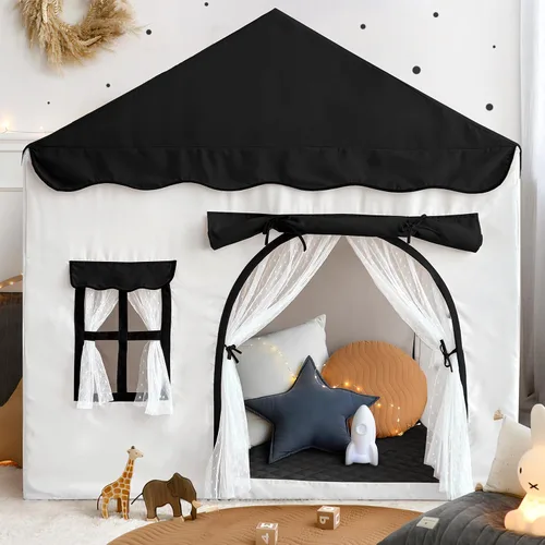 Vista 10 de Tienda de campaña para niños con doble puerta castillo de juegos para niños - Beige Kids Tent with Mat, Two Doors Fantasy Adventure Play House for