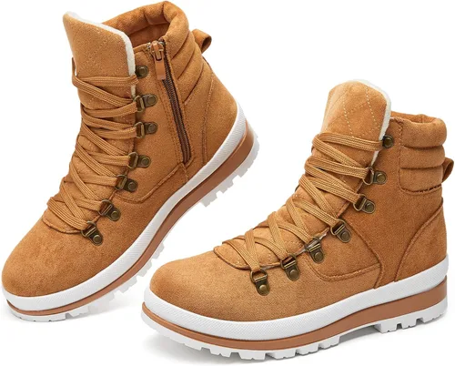Vista 8 de FRACORA Botas de combate para mujer, con cordones, botas de nieve, botas de invierno con cremallera lateral, botines de moda Negro