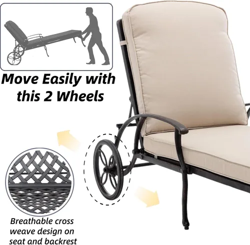 Vista 3 de Chaise Lounge - Silla de patio con ruedas, ajustable, reclinable, resistente al óxido, de aluminio fundido junto a la piscina, cojín beige