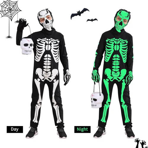 Vista 2 de UNICOMIDEA Kids Skeleton Costume Glow in The Dark Halloween Jumpsuit Boys Girls Bodysuit with Skull Gloves Mask for 5-14T