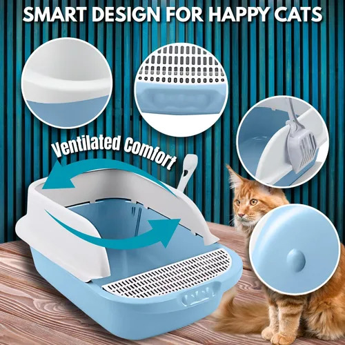 Vista 7 de Caja de arena grande para gatos con lados altos, bandeja de arena para gatos grandes con pala y escudo de dispersión, caja de arena de plástico