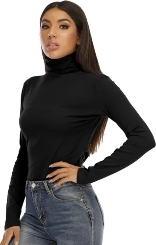 Vista 3 de Camiseta básica de algodón de manga larga de cuello alto para mujer Slim Fit elástico Tee Tops
