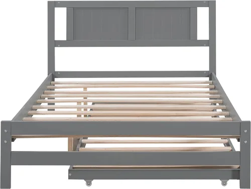 Vista 5 de Harper & Bright Designs Base de cama de tamaño matrimonial con nido ajustable, cama de plataforma matrimonial de madera con cabecero, marco de cama