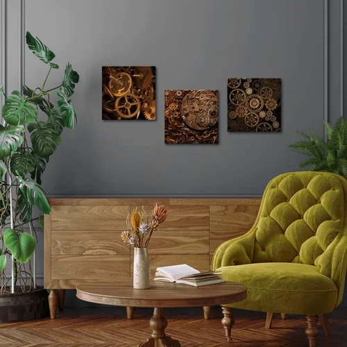 Vista 5 de RnnJoile Lienzo Steampunk para pared, diseño de motores industriales, pintura negra y dorada para hombre, cueva, dormitorio, decoración de pared, 12