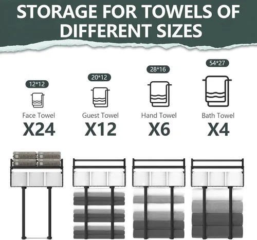Vista 6 de Xstydes Toalleros para baño, toallero de metal con cesta de almacenamiento, toallero de pared para toallas enrolladas, almacenamiento de toallas