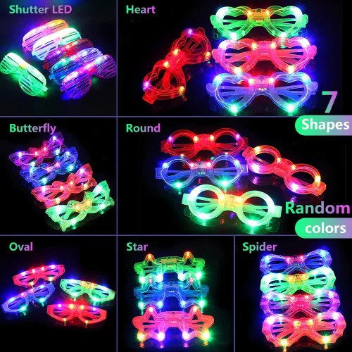Vista 2 de 21 lentes LED de 7 formas, 6 luces LED que brillan en la oscuridad, suministros de fiesta para niños y adultos, obturador, corazón, estrella
