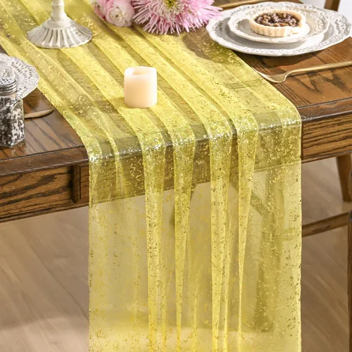 Vista 24 de Artoid Mode Camino de mesa de gasa color beige dorado de 120 pulgadas, 10 pies, lámina metálica con purpurina transparente para comedor, boda