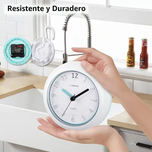 Vista 9 de OSTAR Reloj de ducha de baño impermeable, reloj analógico de cuarzo, soporte colgante de doble propósito, funciona con pilas AA, tamaño redondo