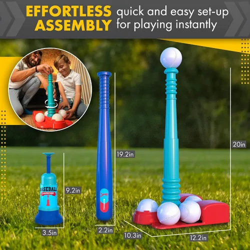 Vista 5 de TOMLEON Soporte de T-Ball para niños y niñas de 1-3, 3-5, 5-8 años. Set de béisbol con 6 pelotas grandes, camiseta de bateo T-ball ajustable