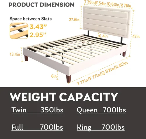 Vista 2 de MLILY Base de cama tapizada con plataforma, base de colchón de tamaño individual, soporte de listones de madera, no necesita somier, fácil montaje