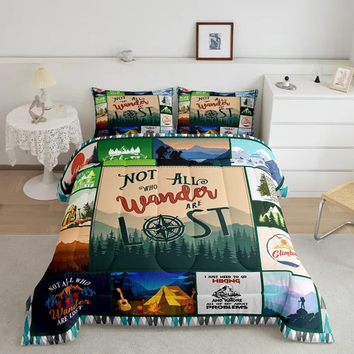 Vista 31 de Juego de ropa de cama con temática de cámper, juego de edredón de cabaña de madera marrón y verde, tamaño matrimonial, 3 piezas, decoración de Multi