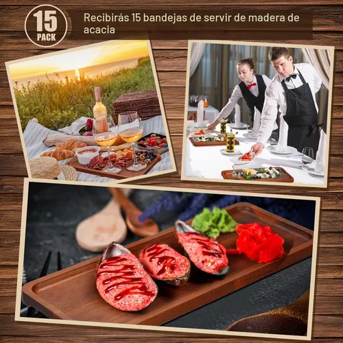 Vista 4 de Skylety Paquete de 15 bandejas de madera maciza para servir grandes de acacia para fiestas, tablero rectangular de charcutería con mango ranurado