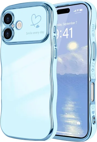 Vista 23 de LCHULLE - Funda para iPhone Air, linda para mujeres y niñas, con forma de onda, color azul bebé Luxury Plating Curly Wavy Frame with Love Heart