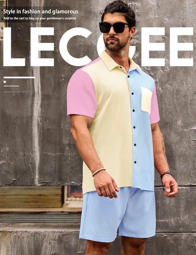 Vista 2 de LecGee Conjunto de 2 piezas de camisa y pantalones cortos de manga corta con botones para hombre