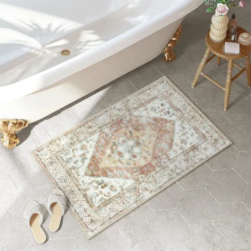 Vista 15 de Uphome Alfombra de Baño Azul Boho Desgastada Alfombra de Baño Oriental Suave de Pelo Largo Antideslizante Alfombra de Baño Lavable a Máquina Vintage