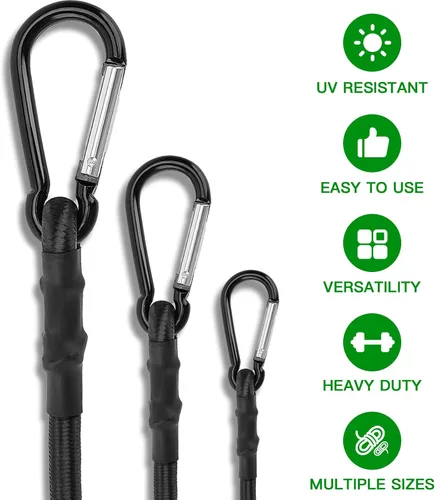 Vista 6 de RIO Direct Cuerdas elásticas con ganchos de mosquetón de 18 pulgadas, cuerdas elásticas negras resistentes para exteriores, correas elásticas