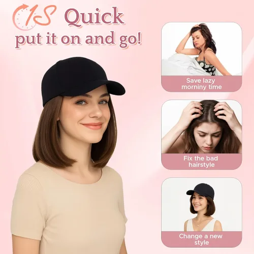 Vista 2 de SEGO Peluca de sombrero, sombrero con cabello adjunto para mujer, gorra de béisbol negra con extensiones de cabello, gorra de béisbol corta