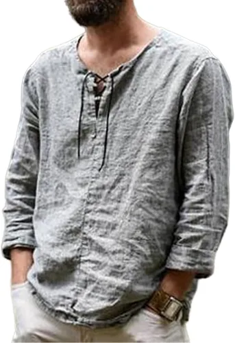 Vista 4 de Camisas de algodón y lino para hombre, manga larga, cuello en V, cordón ajustable, casual, a la moda, ajuste regular, blusas clásicas para exteriores
