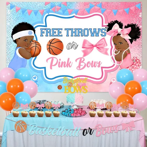 Vista 3 de Decoraciones de baloncesto o moños para revelación de género – telón de fondo de mantas gratis o lazos rosados, pancarta, decoración de pastel