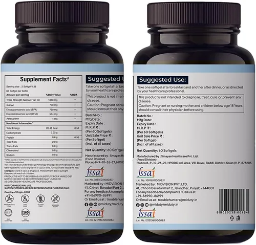 Vista 7 de Miduty Palak Notes Aceite de krill de pescado antártico, cápsula Omega 3 de triple fuerza con astaxantina, antioxidante, EPA y DHA