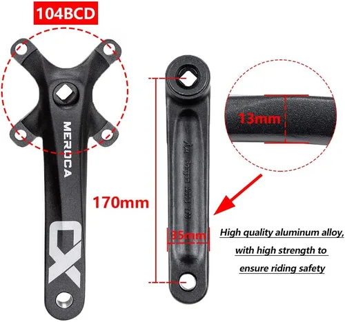 Vista 3 de Cyclon Single Speed Square Taper Crankset, 170mm Mountain Bike Crankset with 104BCD 32T/34T/36T/38T/40T/42T Narrow Wide Tooth Round Black Chainring