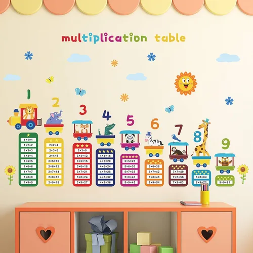 Vista 5 de Calcomanías de pared para mesa de multiplicación de dibujos animados, 99 calcomanías de pared de matemáticas para educación de animales, bricolaje