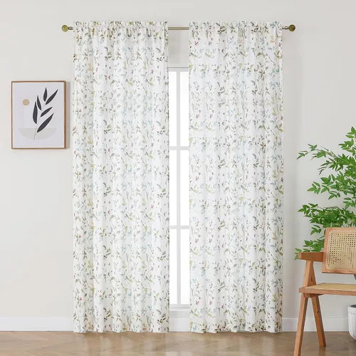 Vista 12 de Chyhomenyc Cortinas de mezcla de lino de 63 pulgadas de largo, 2 paneles de cortina con estampado floral filtrante de luz para sala de estar
