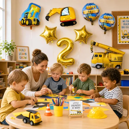 Vista 3 de Suministros de fiesta de 2º cumpleaños de construcción, juego de 9 globos de construcción con globo dorado del número 2 de 2 años, globo de aluminio