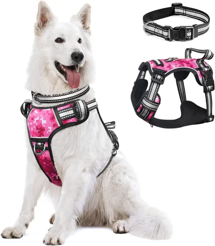 Vista 33 de Arnés para perro sin tirones, arneses para mascotas con collar, chaleco Oxford reflectante y ajustable, hebillas delanteras y traseras para correa