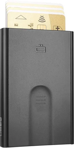 Vista 6 de ÖGON -DESIGNS- Tarjetero automático de aluminio, protección RFID contra fraude y desmagnetización, cartera delgada y minimalista para hombres