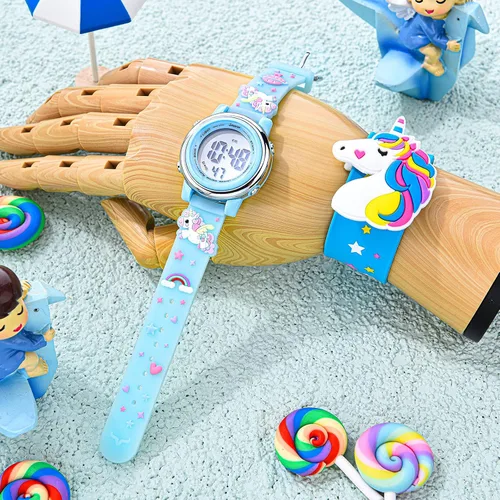 Vista 6 de 2 Pieces Kids Unicorn Watch Toddler Watch and Silicone Wristband Cute 3D Kids Digital Watch Waterproof 7 Color Lights Watch with Alarm Stopwatch