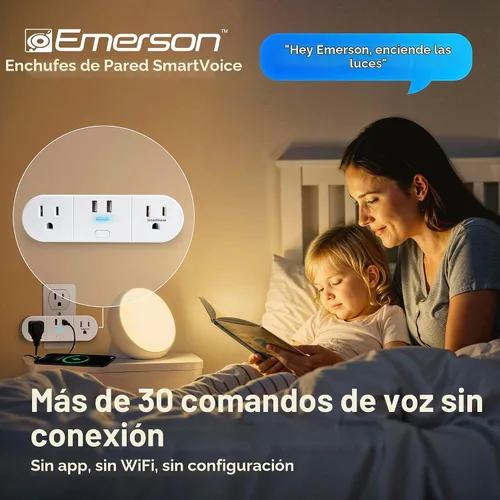 Vista 2 de Emerson SmartVoice - Enchufe de pared 4 en 1, tomacorriente inteligente controlado por voz con 2 salidas de CA y 2 puertos USB-A, sin WiFi, sin