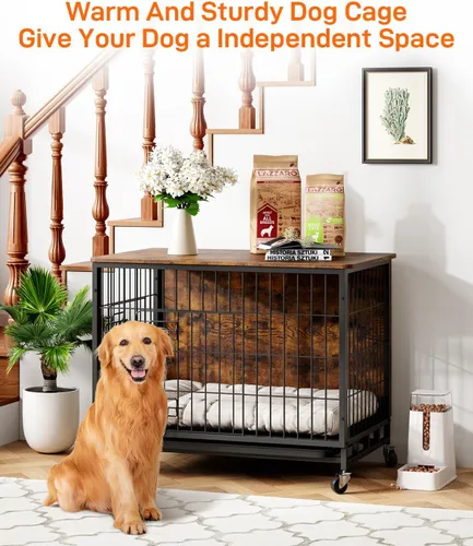 Vista 2 de Furniture Style - Jaula para perros con bandeja extraíble y ruedas, mesa auxiliar de jaula de doble puerta resistente, 38.6 pulgadas, casa de Marrón