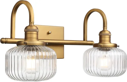 Vista 9 de Aplique de pared de vidrio de 2 luces con pantalla de globo a rayas transparentes, lámpara de pared de latón envejecido industrial para sala
