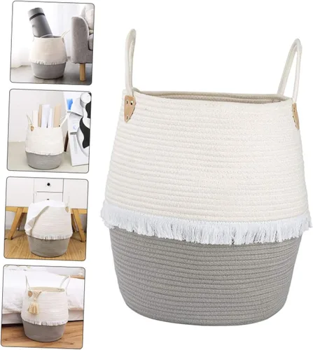 Vista 7 de COLLBATH 1 cesta tejida para cuarto de bebé, dormitorio, papelera variada, portátil, de algodón, práctica con cubos para el hogar, ropa