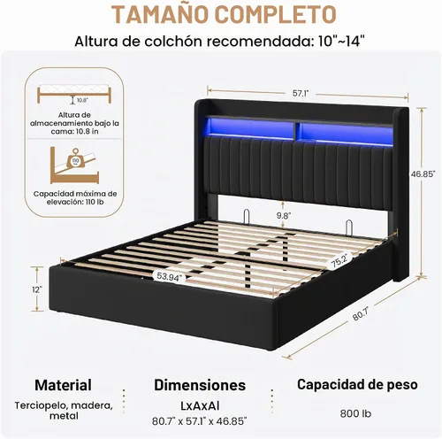 Vista 2 de SHA CERLIN - Estructura de cama de tamaño matrimonial con almacenamiento elevado/Luces LED/Estación de carga/Cabecero con estantes de 2 niveles/USB