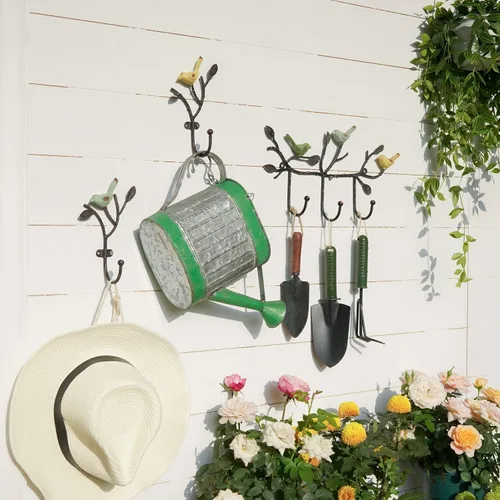 Vista 2 de SOFFEE DESIGN Perchero vintage de pared con 3 ganchos, pájaros de pie en rama de árbol con pintura rústica, resistente soporte para llaves